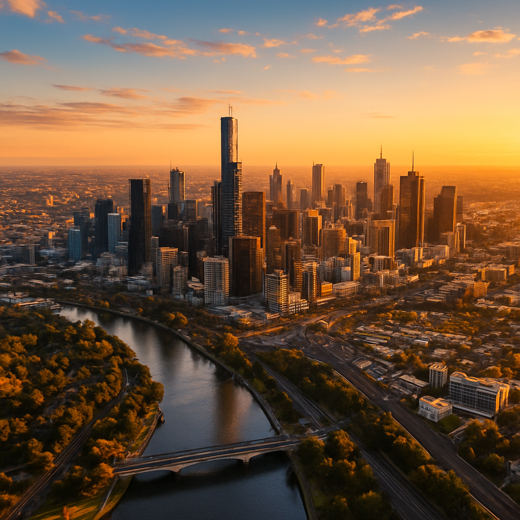 Aerial drone view of Melbourne CBD skyline at golden hour