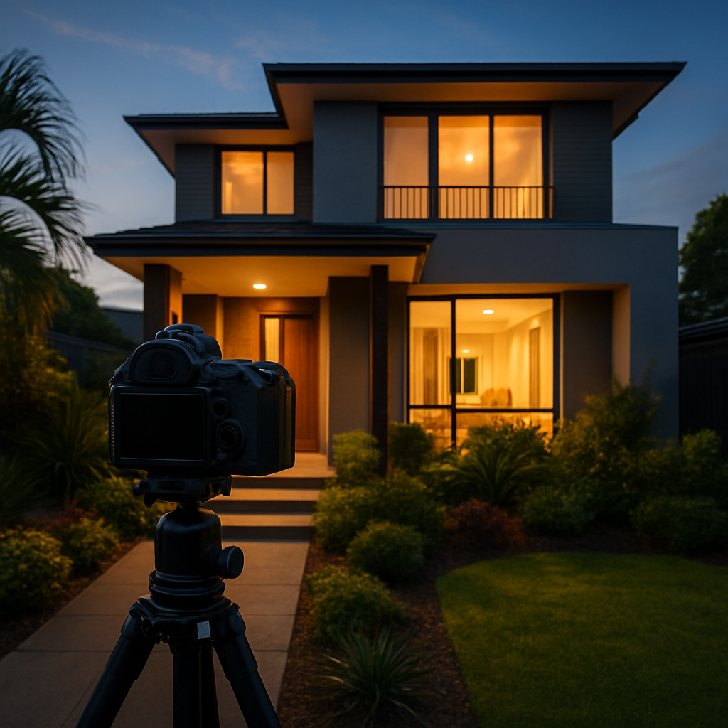 Camera on tripod outside a beautiful modern Melbourne home at dusk