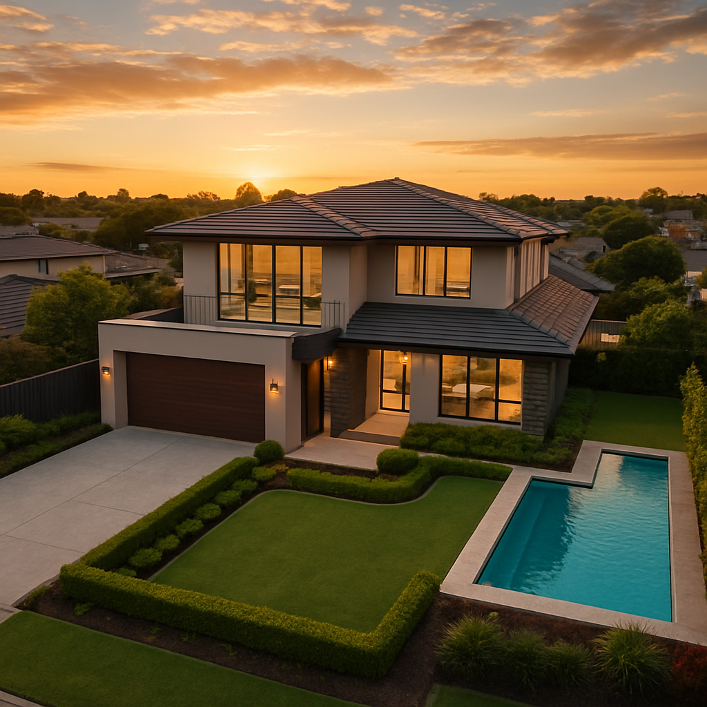Aerial drone photograph of a modern Melbourne property at golden hour