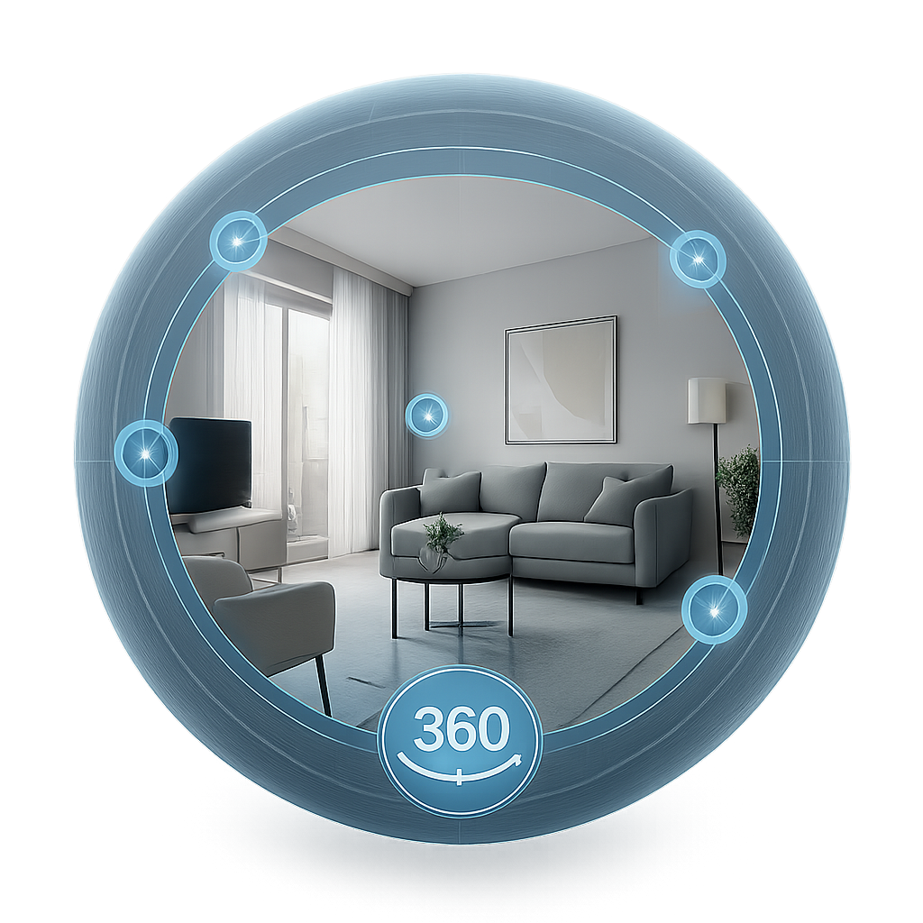 360 degree virtual tour interface showing a modern living room in panoramic view