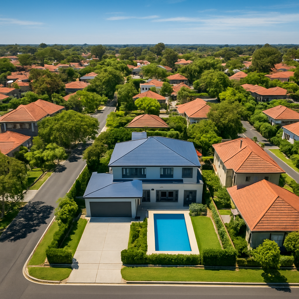 Bird's eye aerial drone view of a modern Melbourne home with pool